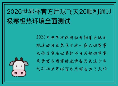 2026世界杯官方用球飞天26顺利通过极寒极热环境全面测试