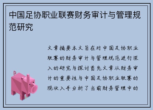 中国足协职业联赛财务审计与管理规范研究