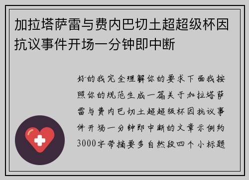 加拉塔萨雷与费内巴切土超超级杯因抗议事件开场一分钟即中断