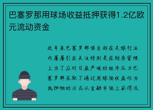 巴塞罗那用球场收益抵押获得1.2亿欧元流动资金 巴塞罗那用球场收益抵押获得1.2亿欧元流动资金